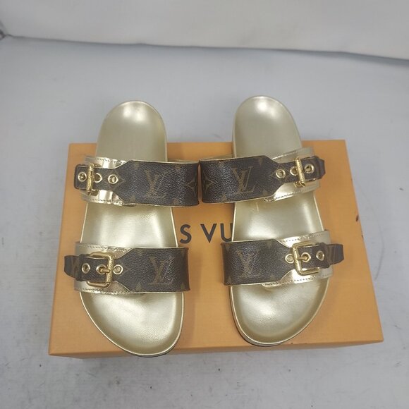 Louis Vuitton Brown Gold Buckle Bom Dia Monogram Flat Slide Sandal - Picture 1 of 14